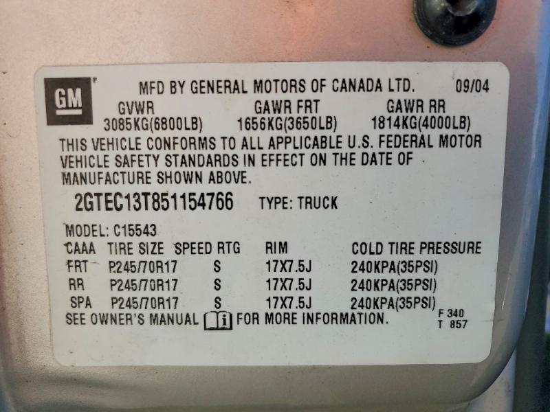 Продаж на аукціоні авто 2005 Gmc New Sierra, vin: 2GTEC13T851154766, номер лоту: 45743226