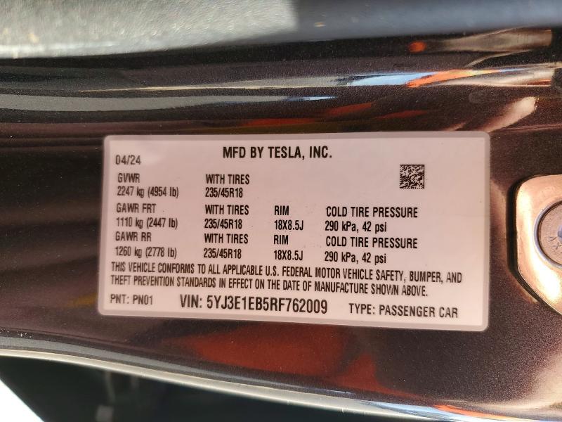 79626555 :رقم المزاد ، 5YJ3E1EB5RF762009 vin ، 2024 Tesla Model 3 مزاد بيع