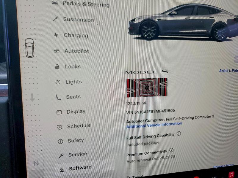 45499346 :رقم المزاد ، 5YJSA1E67MF451605 vin ، 2021 Tesla Model S مزاد بيع