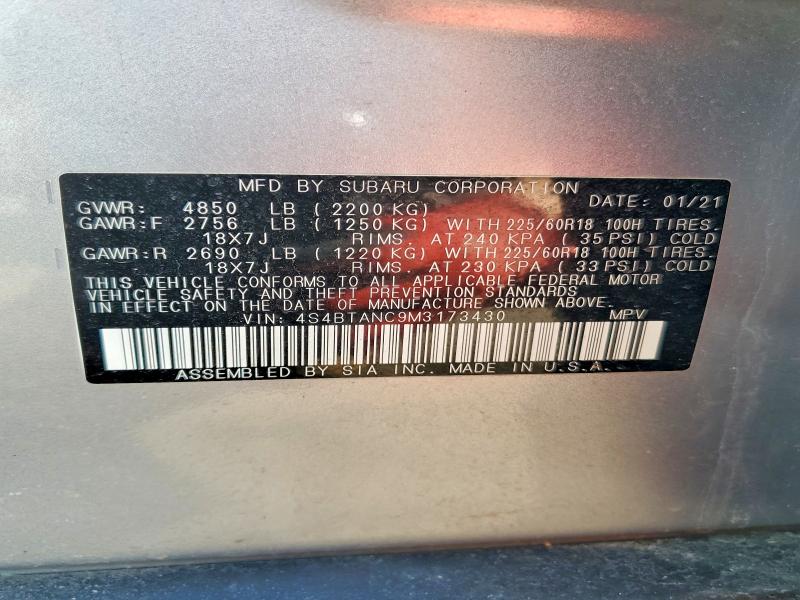 Aukcja sprzedaży 2021 Subaru Outback, vin: 4S4BTANC9M3173430, numer aukcji: 47088326