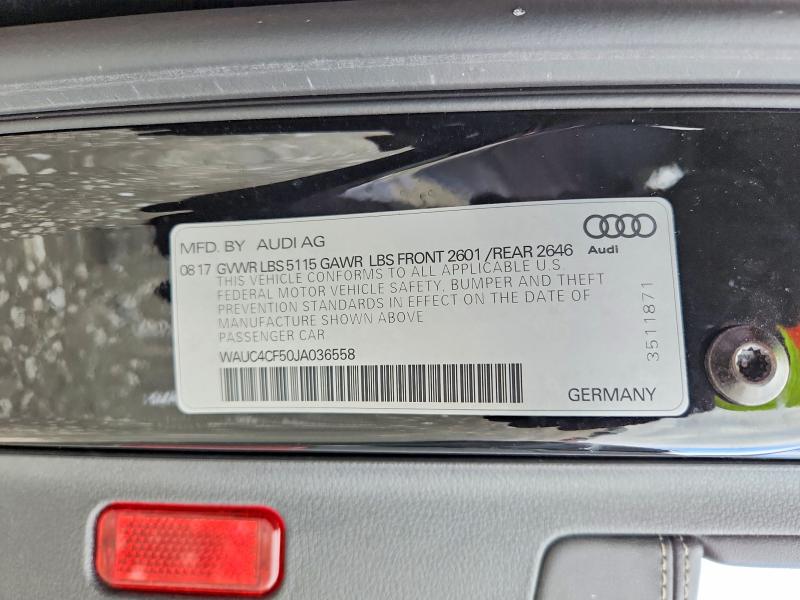 2018 Audi S5 მანქანა იყიდება აუქციონზე, vin: WAUC4CF50JA036558, აუქციონის ნომერი: 46038796