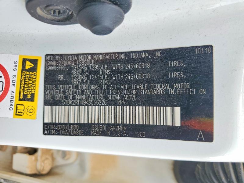 79762115 :رقم المزاد ، 5TDKZRFH9KS556226 vin ، 2019 Toyota Highlander مزاد بيع