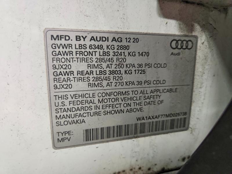 79697355 :رقم المزاد ، WA1AXAF77MD025738 vin ، 2021 Audi Q7 مزاد بيع