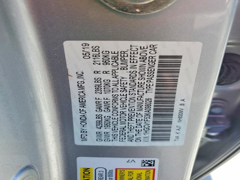 47059186 :رقم المزاد ، 1HGCV1F53KA098026 vin ، 2019 Honda Accord مزاد بيع