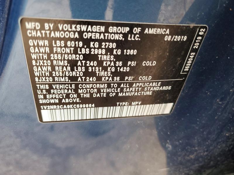2019 Volkswagen Atlas მანქანა იყიდება აუქციონზე, vin: 1V2NR2CA9KC599864, აუქციონის ნომერი: 46750586