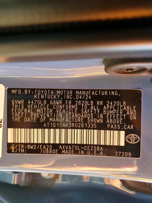2024 Toyota Camry მანქანა იყიდება აუქციონზე, vin: 4T1G11AK3RU261335, აუქციონის ნომერი: 41934466