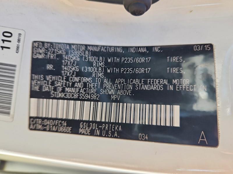 79477615 :رقم المزاد ، 5TDKK3DC8FS594982 vin ، 2015 Toyota Sienna مزاد بيع