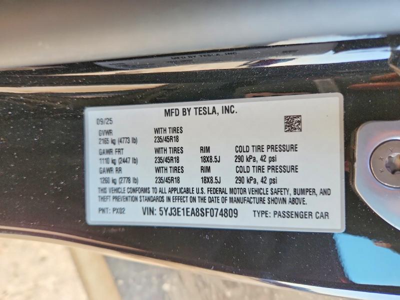 Продажа на аукционе авто 2025 Tesla Model 3, vin: 5YJ3E1EA8SF074809, номер лота: 45795946