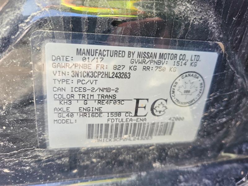 2017 Nissan Micra მანქანა იყიდება აუქციონზე, vin: 3N1CK3CP2HL243263, აუქციონის ნომერი: 77652595