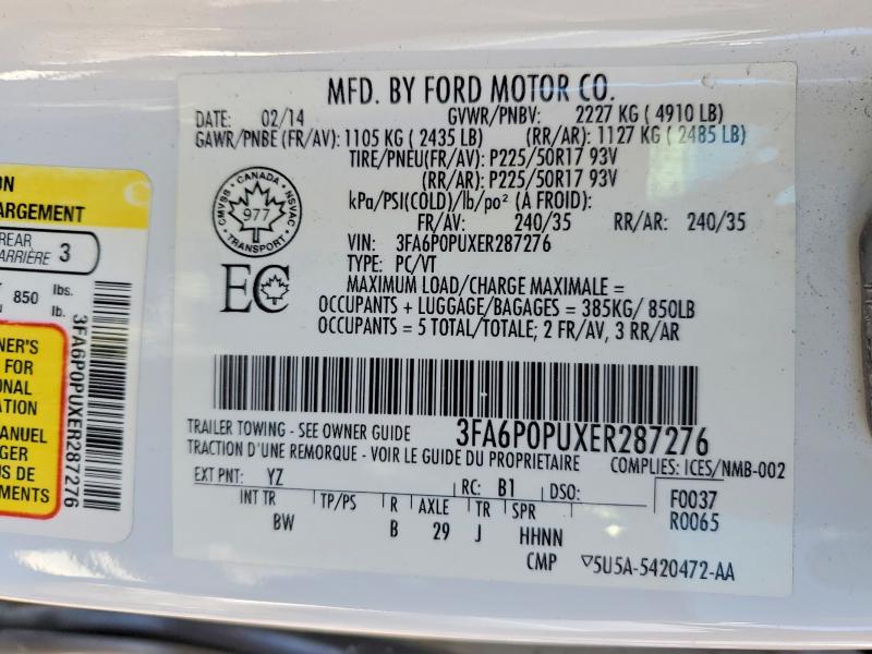 Aukcja sprzedaży 2014 Ford Fusion, vin: 3FA6P0PUXER287276, numer aukcji: 78592115