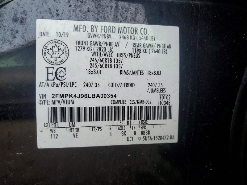 Auction sale of the 2020 Ford Edge, vin: 2FMPK4J96LBA00354, lot number: 47026096