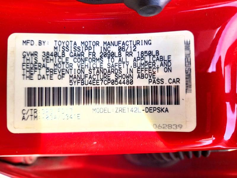 Aukcja sprzedaży 2012 Toyota Corolla, vin: 5YFBU4EE7CP054480, numer aukcji: 46242606