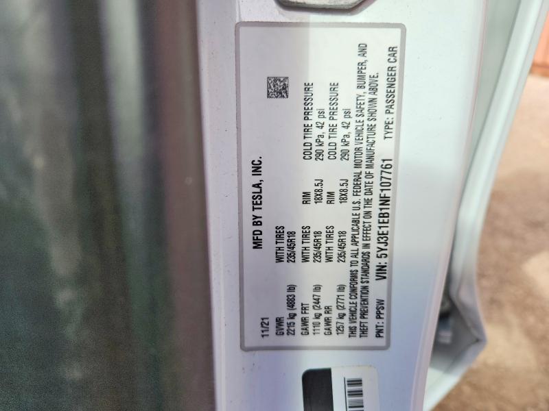 Aukcja sprzedaży 2022 Tesla Model 3, vin: 5YJ3E1EB1NF107761, numer aukcji: 47274926