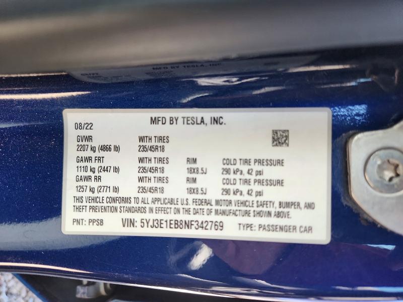 Продажа на аукционе авто 2022 Tesla Model 3, vin: 5YJ3E1EB8NF342769, номер лота: 79359755