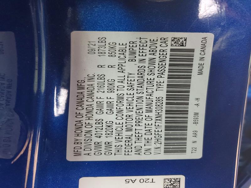 2022 Honda Civic მანქანა იყიდება აუქციონზე, vin: 2HGFE1F7XNH308285, აუქციონის ნომერი: 46576916