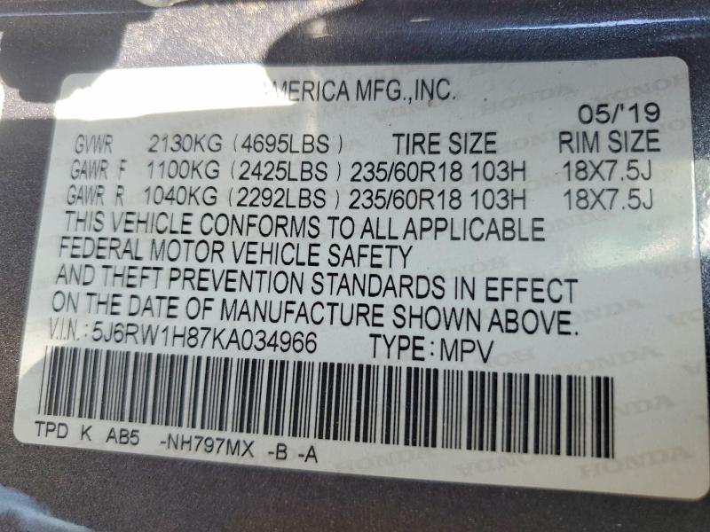 Продажа на аукционе авто 2019 Honda Cr-v, vin: 5J6RW1H87KA034966, номер лота: 47552696
