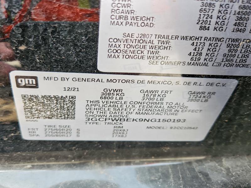 46013366 :رقم المزاد ، 3GCPWBEK9NG150193 vin ، 2022 Chevrolet Silverado Ltd مزاد بيع