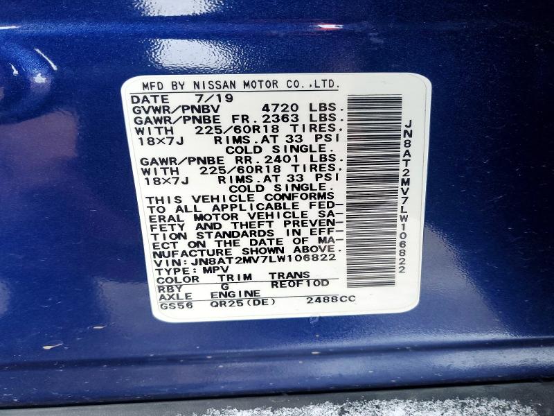 45878086 :رقم المزاد ، JN8AT2MV7LW106822 vin ، 2020 Nissan Rogue مزاد بيع