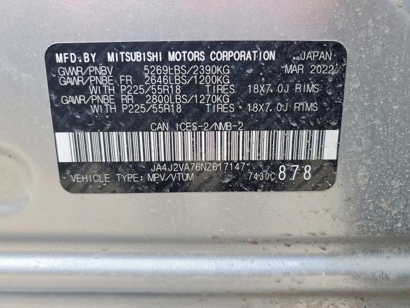 Aukcja sprzedaży 2022 Mitsubishi Outlander, vin: JA4J2VA76NZ617147, numer aukcji: 74328985