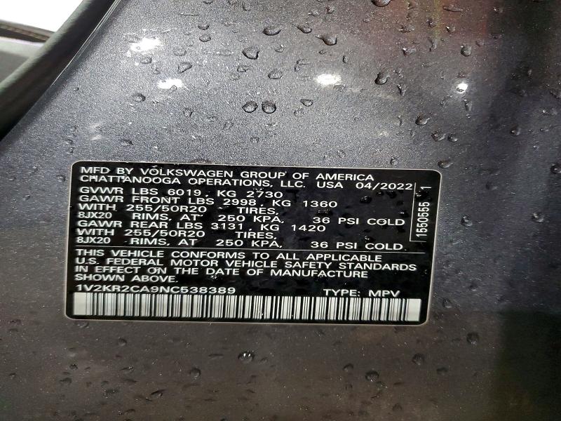 46690016 :رقم المزاد ، 1V2KR2CA9NC538389 vin ، 2022 Volkswagen Atlas مزاد بيع
