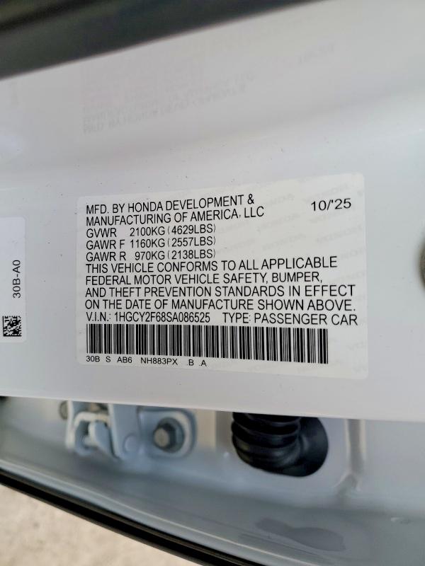 2025 Honda Accord მანქანა იყიდება აუქციონზე, vin: 1HGCY2F68SA086525, აუქციონის ნომერი: 46711856