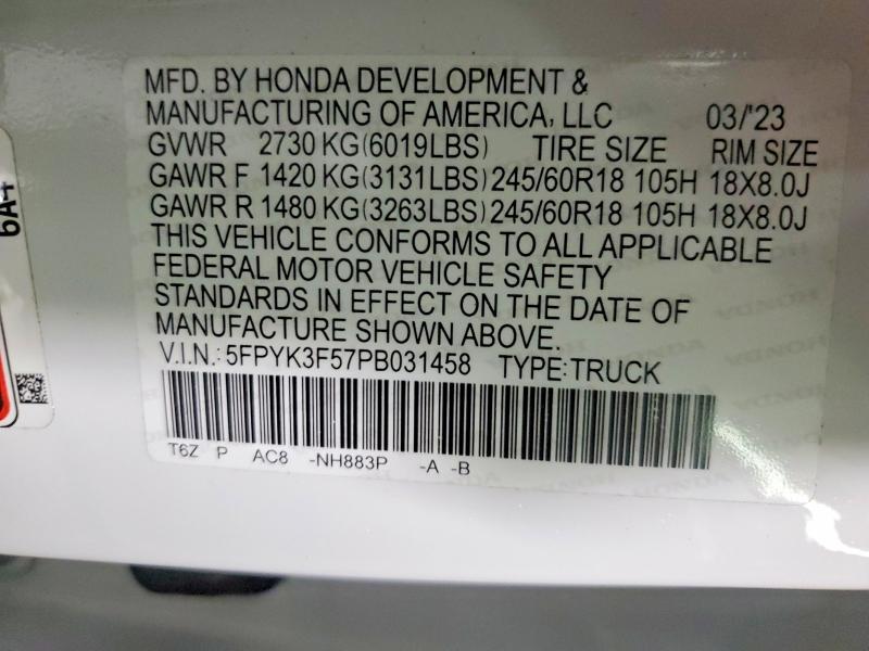 2023 Honda Ridgeline მანქანა იყიდება აუქციონზე, vin: 5FPYK3F57PB031458, აუქციონის ნომერი: 47642036