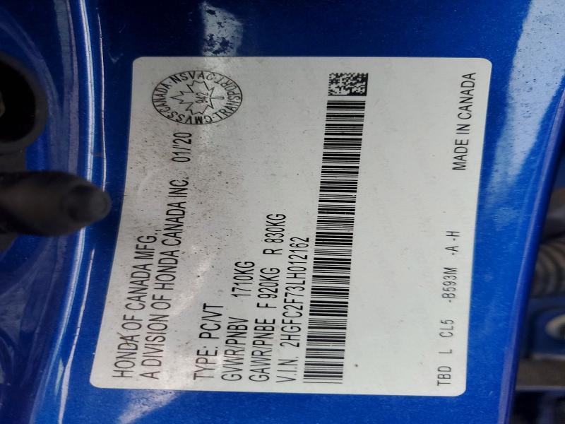 79108625 :رقم المزاد ، 2HGFC2F73LH012162 vin ، 2020 Honda Civic مزاد بيع