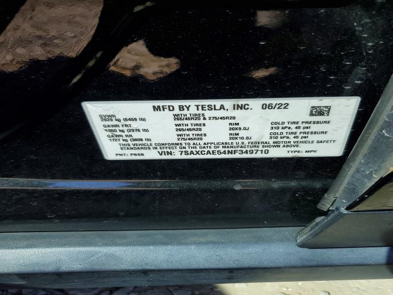 2022 Tesla Model X მანქანა იყიდება აუქციონზე, vin: 7SAXCAE54NF349710, აუქციონის ნომერი: 45492386