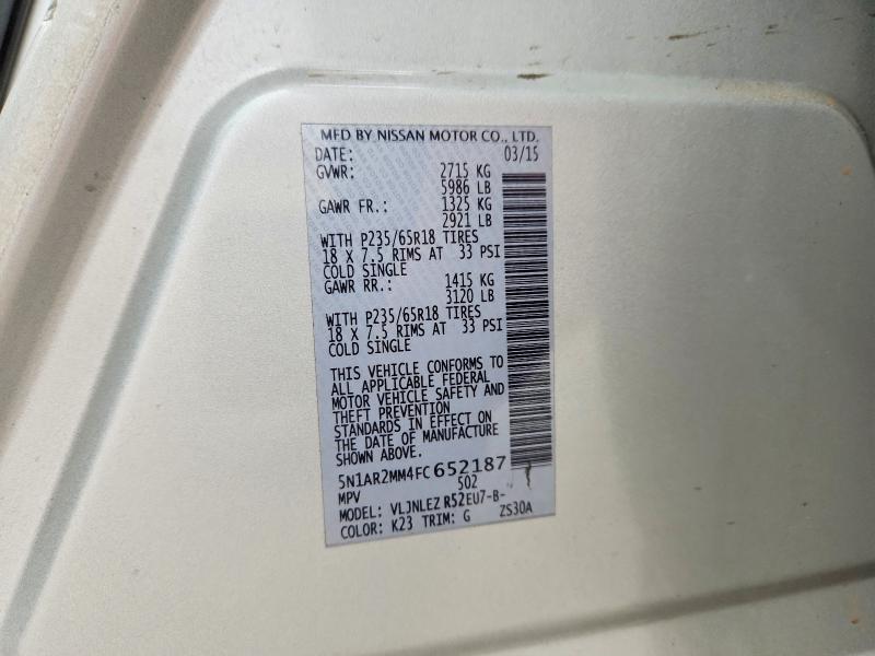 47904896 :رقم المزاد ، 5N1AR2MM4FC652187 vin ، 2015 Nissan Pathfinder مزاد بيع