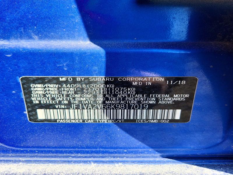 2019 Subaru Wrx მანქანა იყიდება აუქციონზე, vin: JF1VA2V66K9817019, აუქციონის ნომერი: 41668816