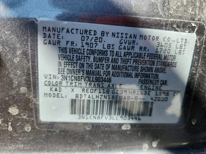 Продажа на аукционе авто 2020 Nissan Versa, vin: 3N1CN8FV3LL903446, номер лота: 48277476