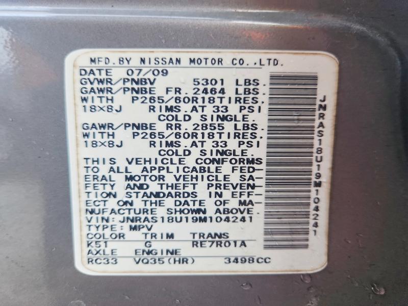 45475666 :رقم المزاد ، JNRAS18U19M104241 vin ، 2009 Infiniti Fx35 مزاد بيع