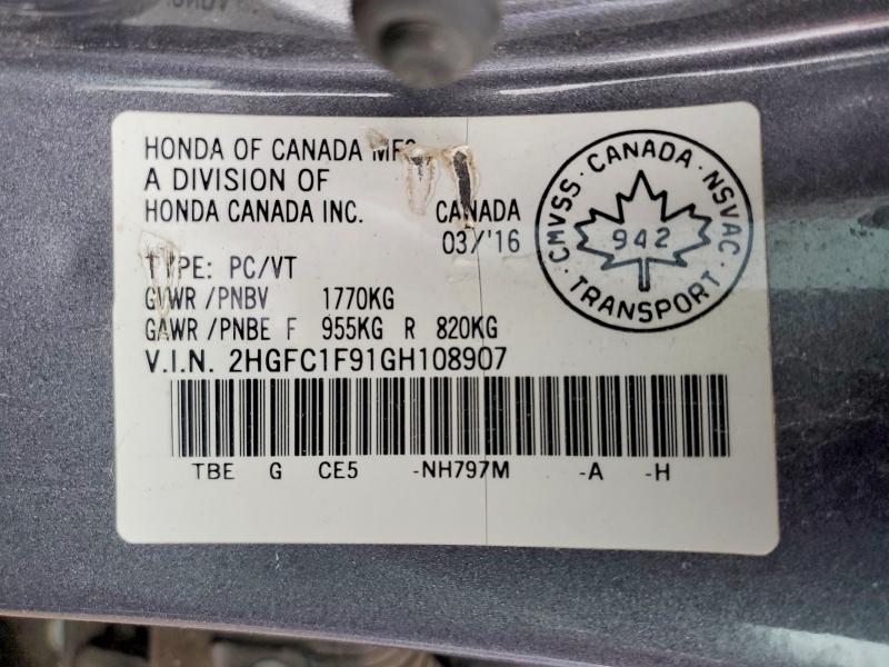 41942216 :رقم المزاد ، 2HGFC1F91GH108907 vin ، 2016 Honda Civic مزاد بيع