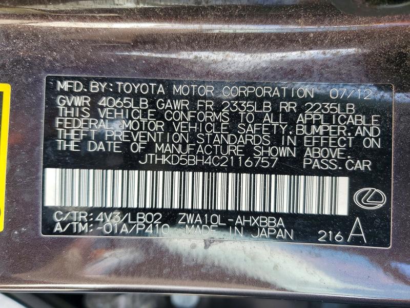 45572316 :رقم المزاد ، JTHKD5BH4C2116757 vin ، 2012 Lexus Ct 200h مزاد بيع