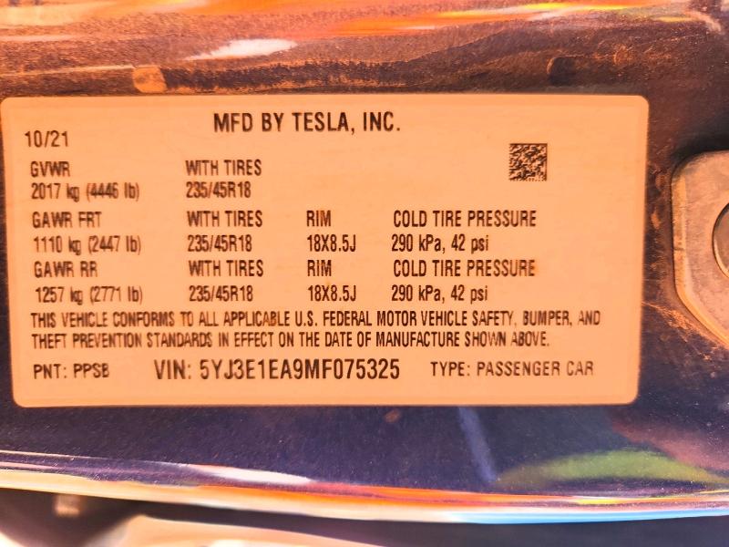 Продаж на аукціоні авто 2021 Tesla Model 3, vin: 5YJ3E1EA9MF075325, номер лоту: 46655126