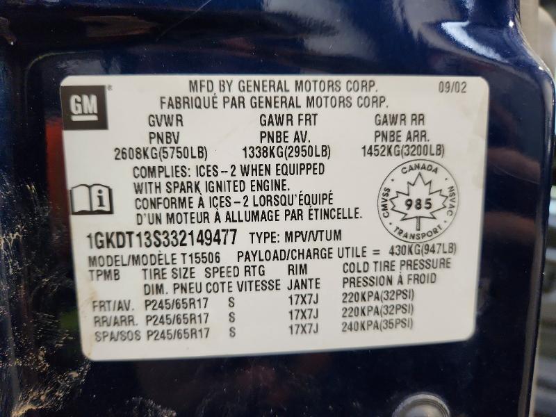 2003 Gmc Envoy მანქანა იყიდება აუქციონზე, vin: 1GKDT13S332149477, აუქციონის ნომერი: 78896895