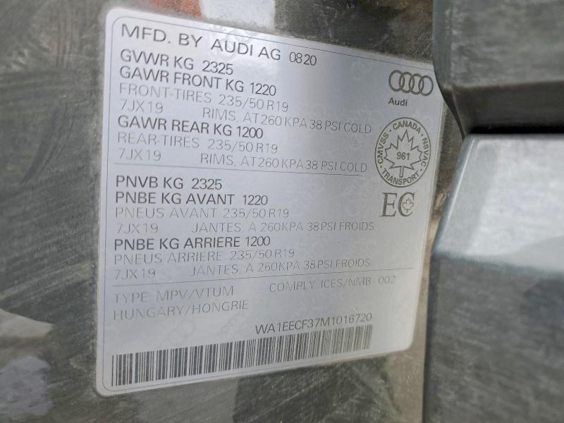 2021 Audi Q3 მანქანა იყიდება აუქციონზე, vin: WA1EECF37M1016720, აუქციონის ნომერი: 45831646