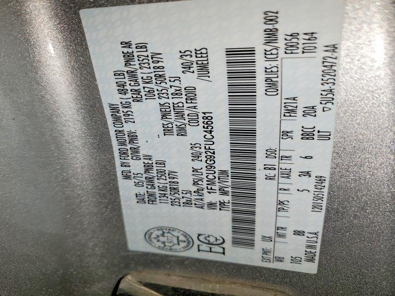 2015 Ford Escape მანქანა იყიდება აუქციონზე, vin: 1FMCU9G92FUC45681, აუქციონის ნომერი: 41875996