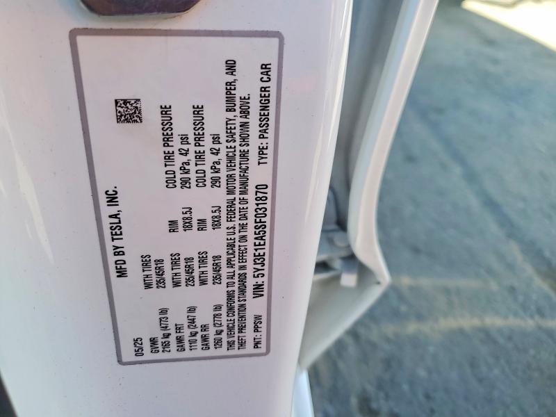 2025 Tesla Model 3 მანქანა იყიდება აუქციონზე, vin: 5YJ3E1EA5SF031870, აუქციონის ნომერი: 47223046
