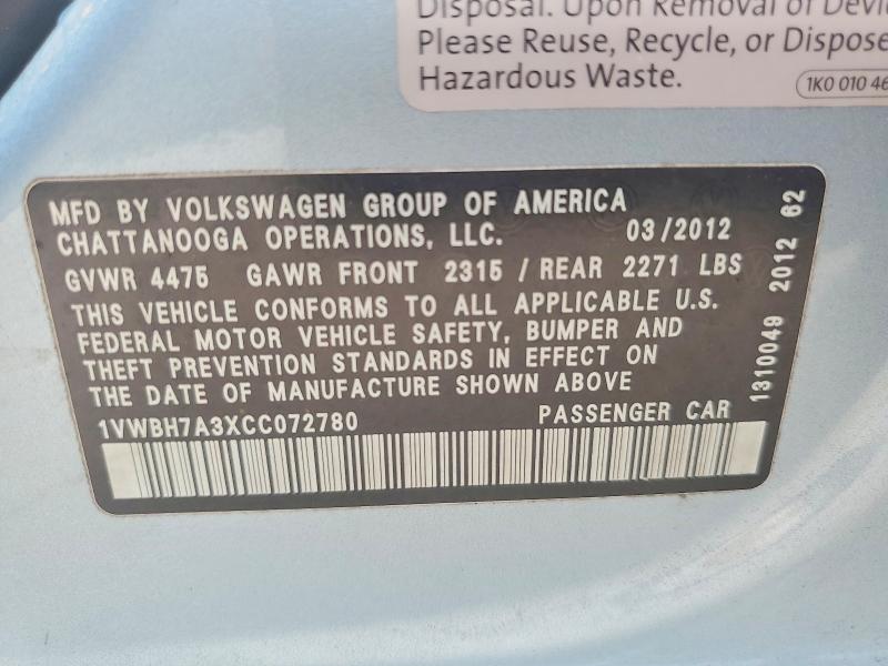 48180616 :رقم المزاد ، 1VWBH7A3XCC072780 vin ، 2012 Volkswagen Passat مزاد بيع