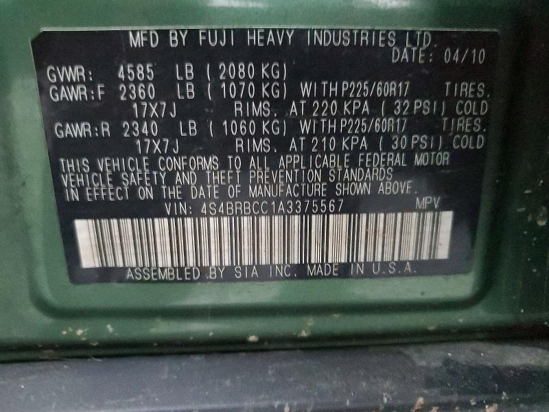 2010 Subaru Outback მანქანა იყიდება აუქციონზე, vin: 4S4BRBCC1A3375567, აუქციონის ნომერი: 46095186