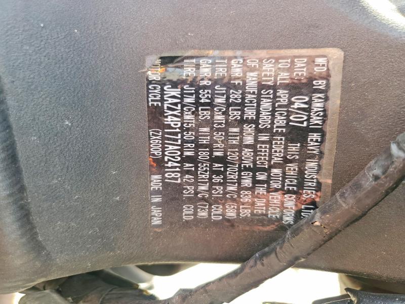 2007 Kawasaki Zx600 მანქანა იყიდება აუქციონზე, vin: JKAZX4P177A024187, აუქციონის ნომერი: 46929386