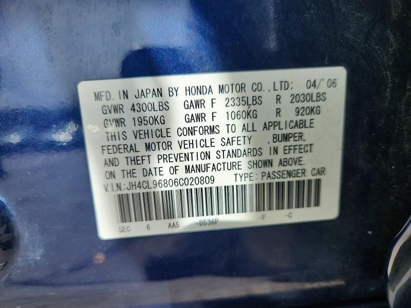 47193806 :رقم المزاد ، JH4CL96806C020809 vin ، 2006 Acura Tsx مزاد بيع