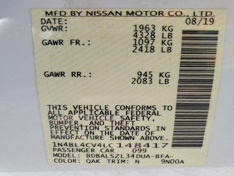 Продаж на аукціоні авто 2020 Nissan Altima, vin: 1N4BL4CV4LC148417, номер лоту: 46000066