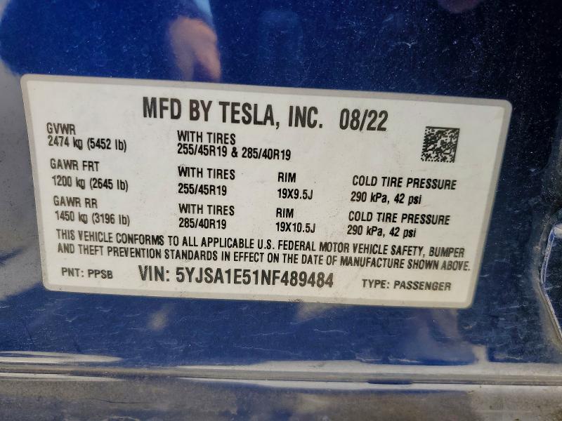 Продаж на аукціоні авто 2022 Tesla Model S, vin: 5YJSA1E51NF489484, номер лоту: 46587356