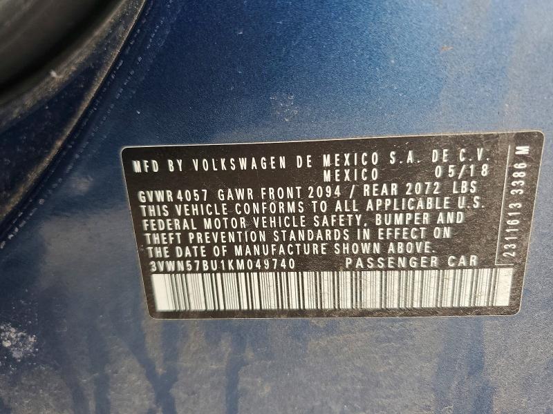 Продаж на аукціоні авто 2019 Volkswagen Jetta, vin: 3VWN57BU1KM049740, номер лоту: 45787366