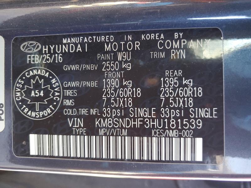 Продаж на аукціоні авто 2017 Hyundai Santa Fe, vin: KM8SNDHF3HU181539, номер лоту: 79799395