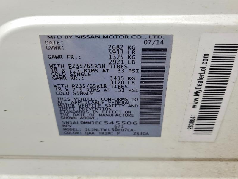 46223796 :رقم المزاد ، 5N1AL0MM1EC545506 vin ، 2014 Infiniti Qx60 مزاد بيع