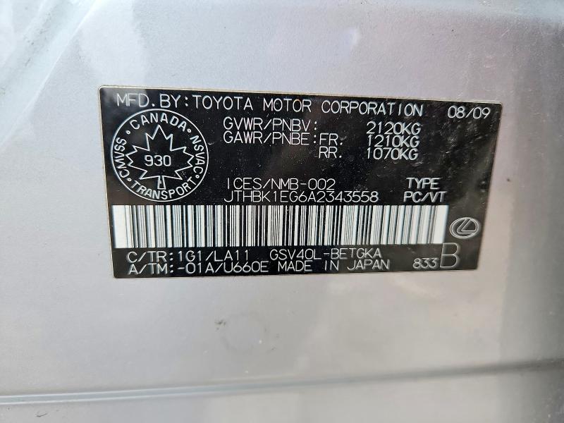 Auction sale of the 2010 Lexus Es 350, vin: JTHBK1EG6A2343558, lot number: 46537466