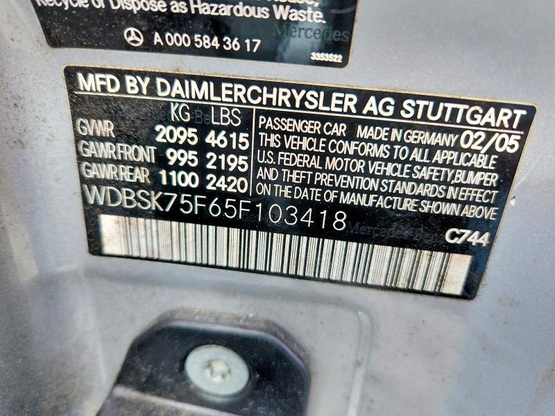 Продажа на аукционе авто 2005 Mercedes-benz Sl, vin: WDBSK75F65F103418, номер лота: 45777696